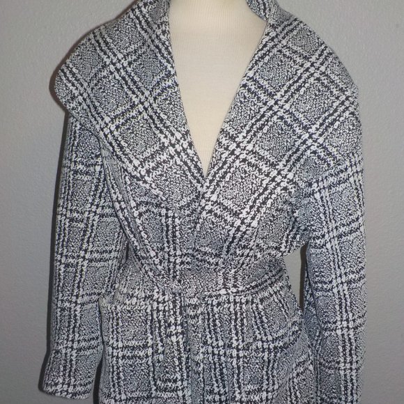 SHINESTAR COLLECTION MS SIZE LARGE BLACK AND WHITE PLAID BELTED WAIST MIDI COAT - Picture 2 of 9